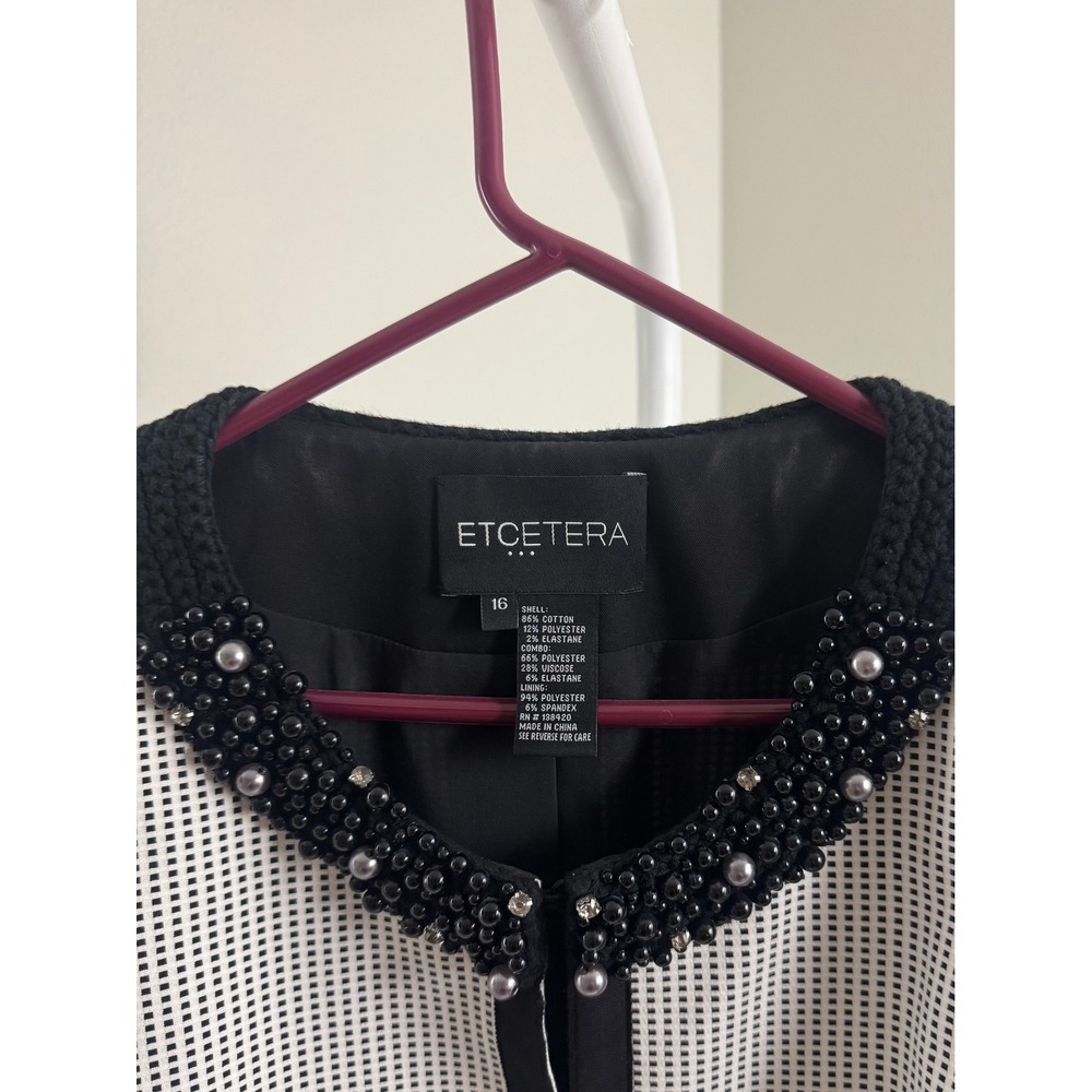 ETCETERA Black White Beaded Pearl Neck Check Cropped Jacket Blazer Size 16 - Picture 4 of 7